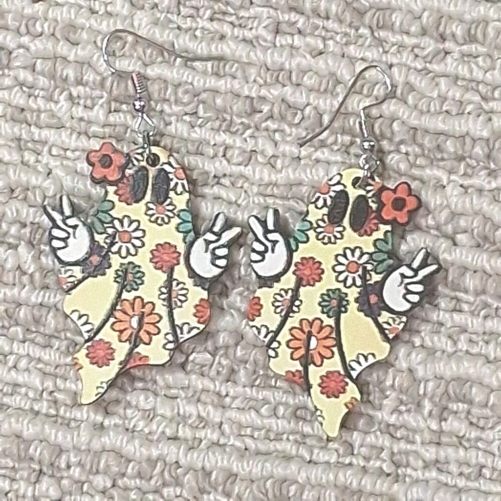 FLOWER POWER GHOST EARRINGS PEACE SIGN WOODEN DANGLE BOHO RETRO 70S HALLOWEEN